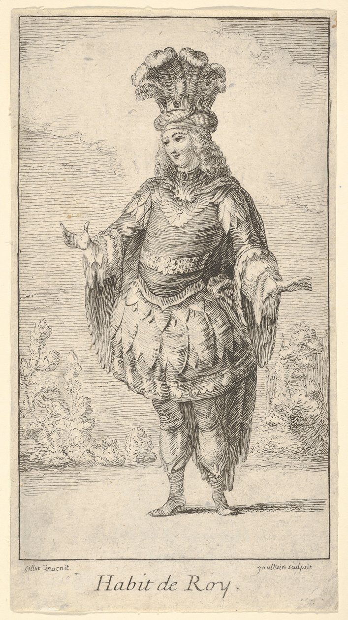 Habit de Roy: een man met een tonnelet versierd met rozetten, een kroon en een tulband door Francois Joullain
