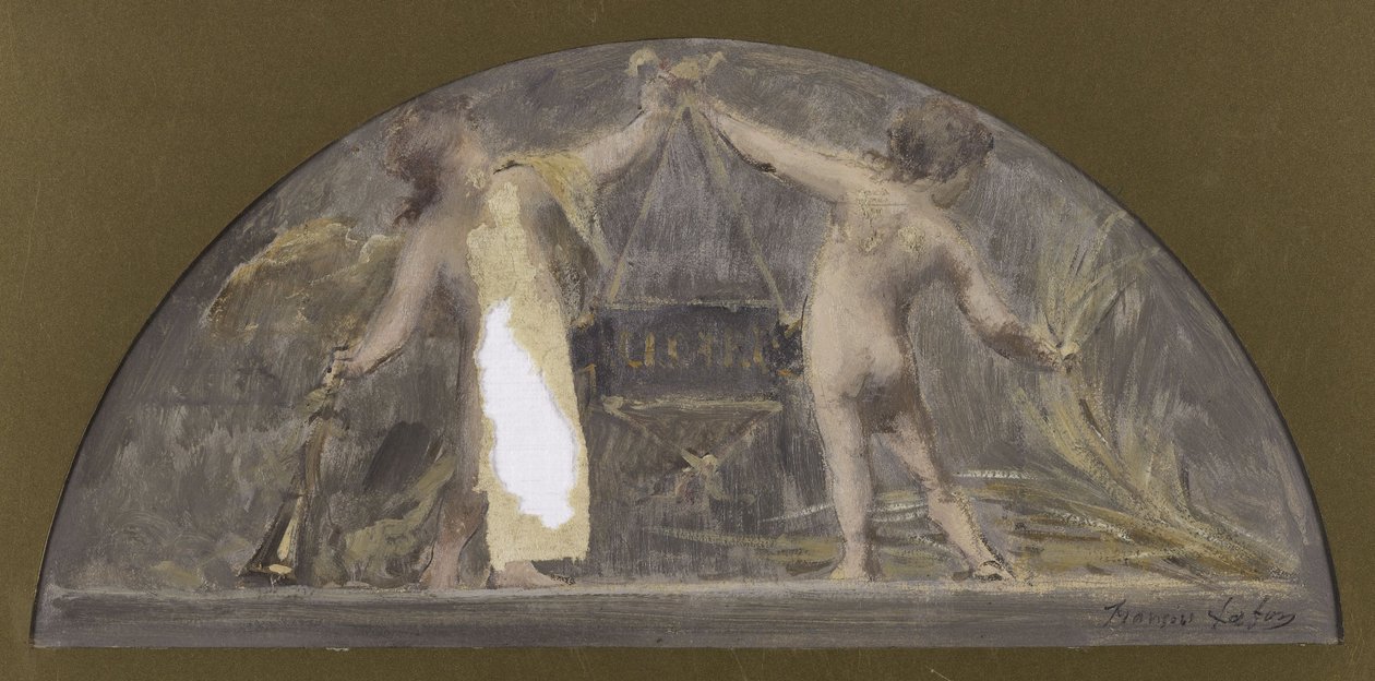 Schets voor de eetkamer van het Stadhuis van Parijs, een kind met een trompet en het andere met een schoven die een grote doos optilt door Francois Lafon