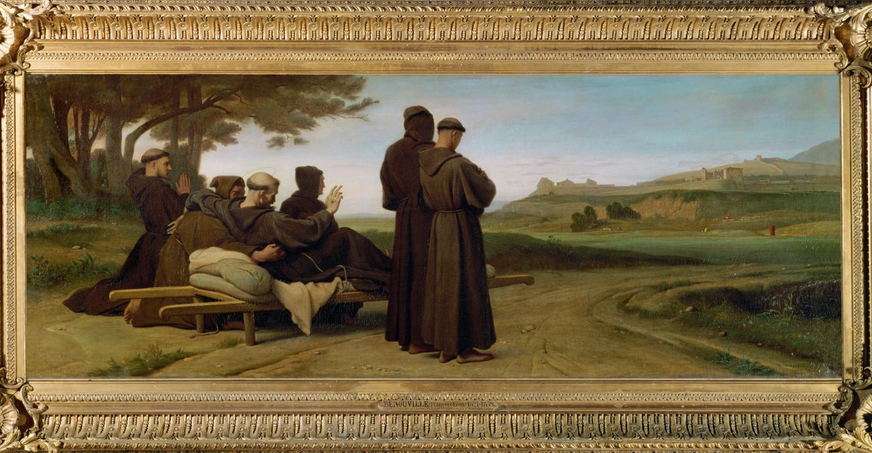 Franciscus van Assisi draagt een stervende man naar de heilige Maria (schilderij op doek) door Francois Leon Benouville