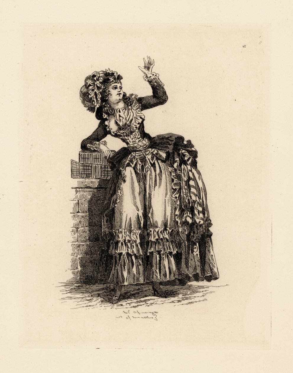 Modieuze vrouw in bonnet à la Nicolet, tijdperk van Marie Antoinette door Francois Louis Joseph (after) Watteau