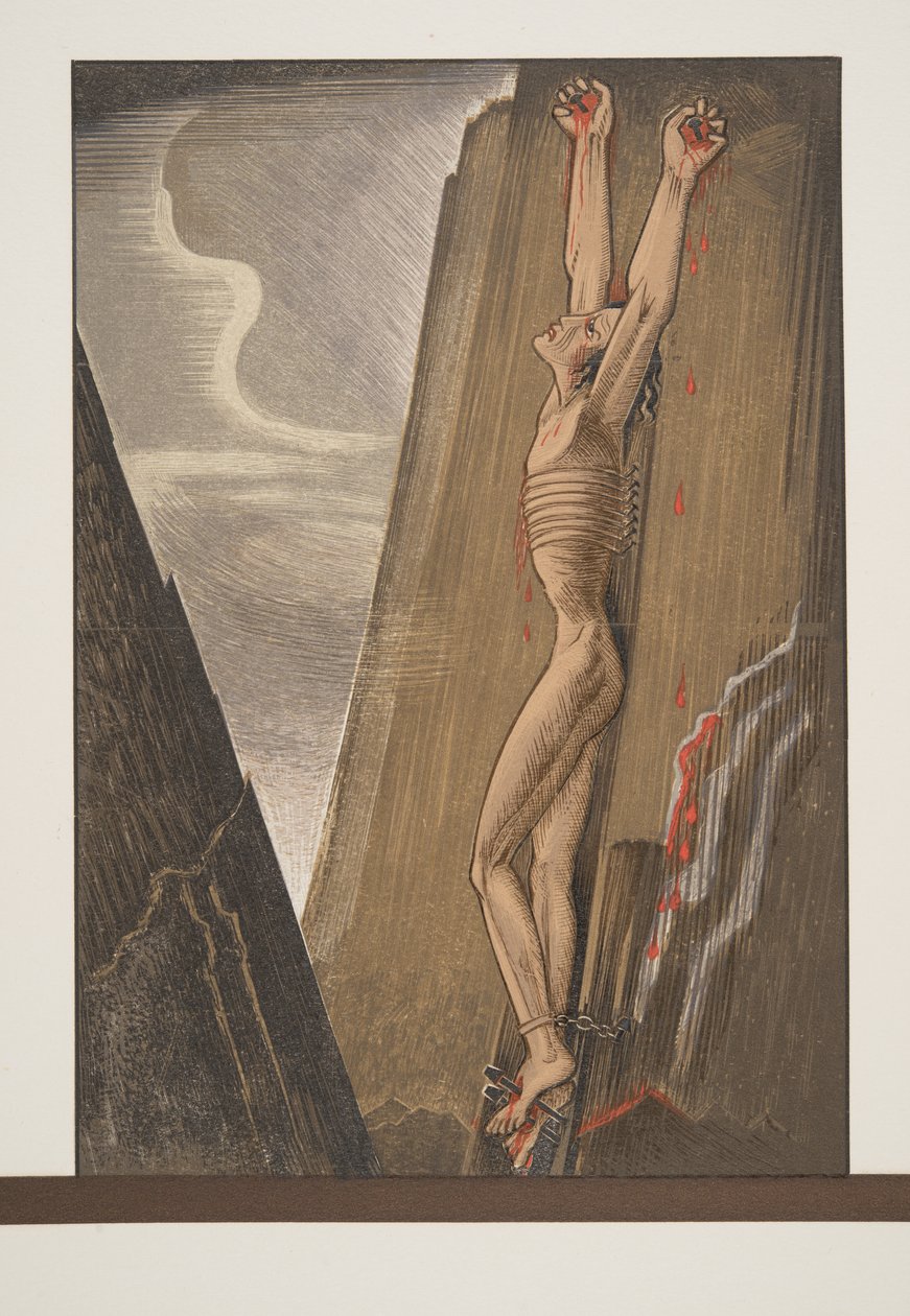 Prometheus aan de Rots genageld, uit Prométhée Enchaîné van Aeschylus, uitgegeven 1941 door Francois Louis Schmied