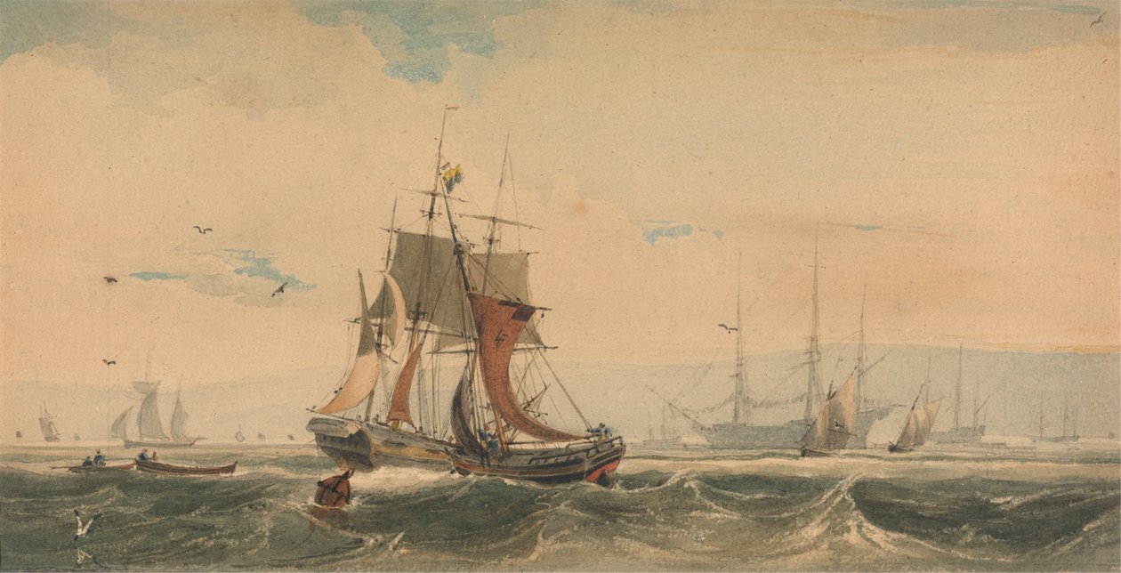 Schepen op de Medway, Kent door Francois Louis Thomas Francia