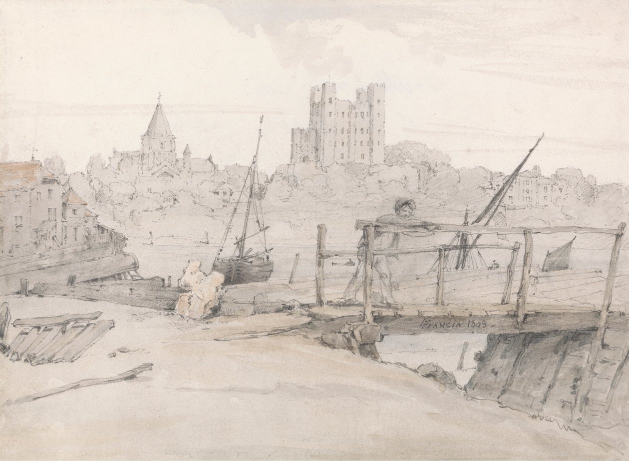 Zuidoostelijk uitzicht op Rochester Castle en de kathedraal door Francois Louis Thomas Francia