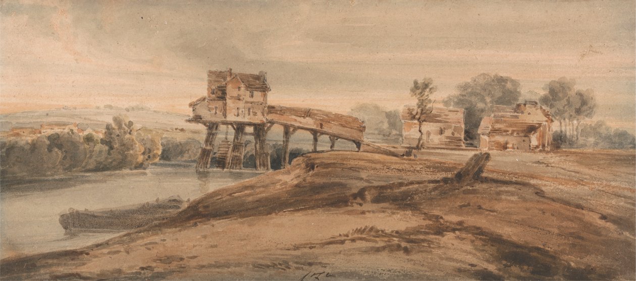 De watermolen boven de brug bij Charenton door Francois Louis Thomas Francia