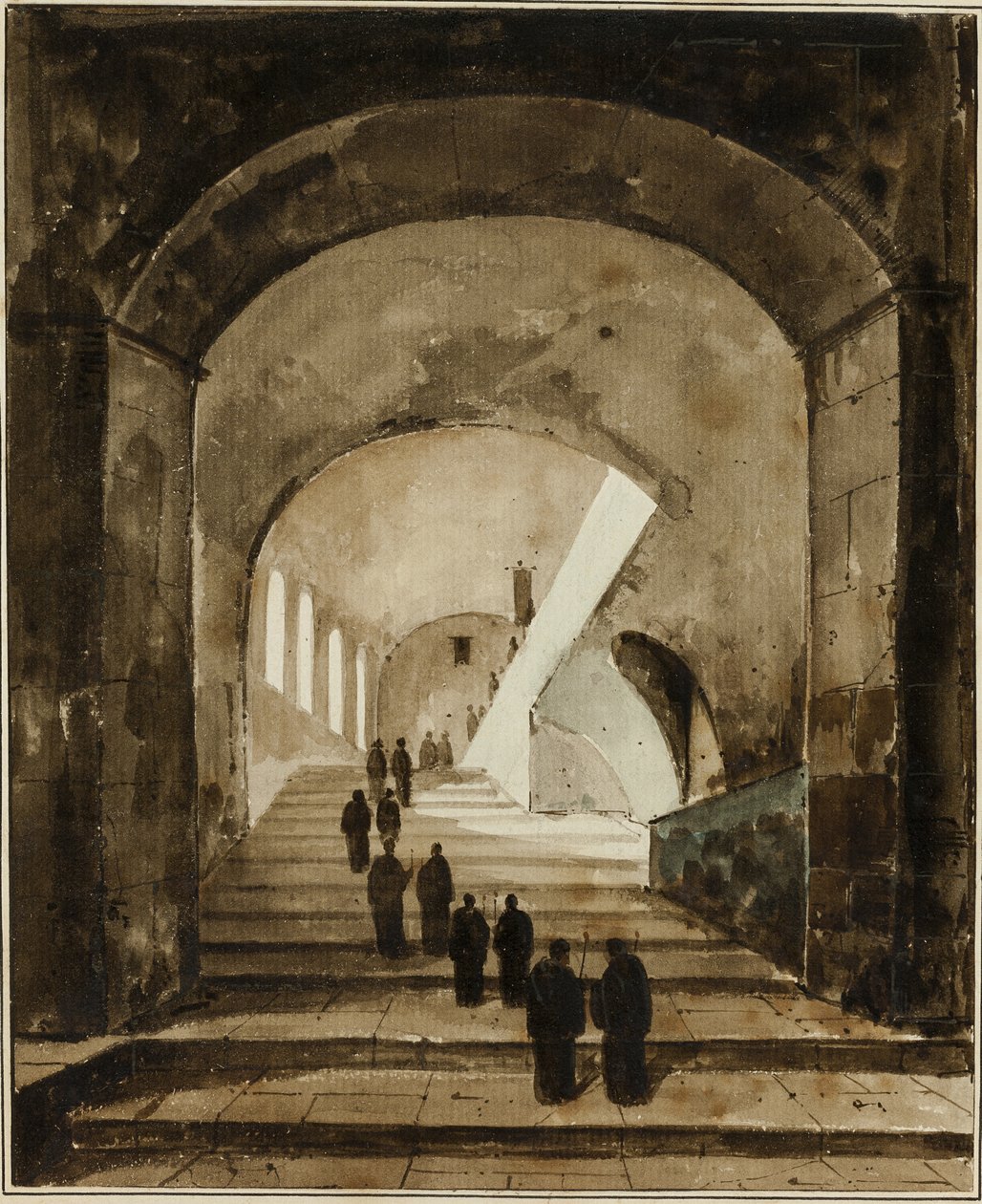 Monniken op de Trap van de Villa van Maecenas in Tivoli door Francois-Marius Granet