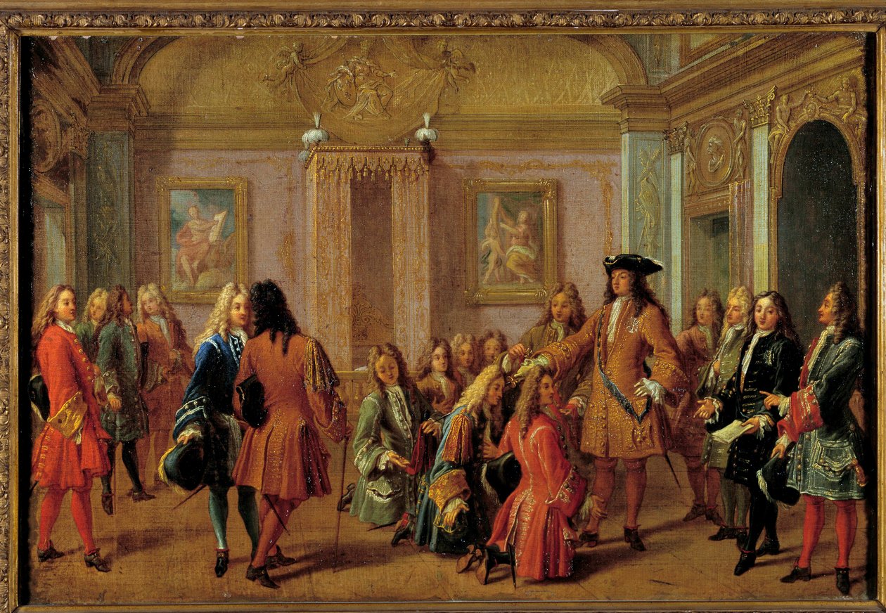 Eerste promotie van de ridders van de Orde van Saint-Louis door Lodewijk XIV in Versailles op 8 mei 1693 door Francois Marot
