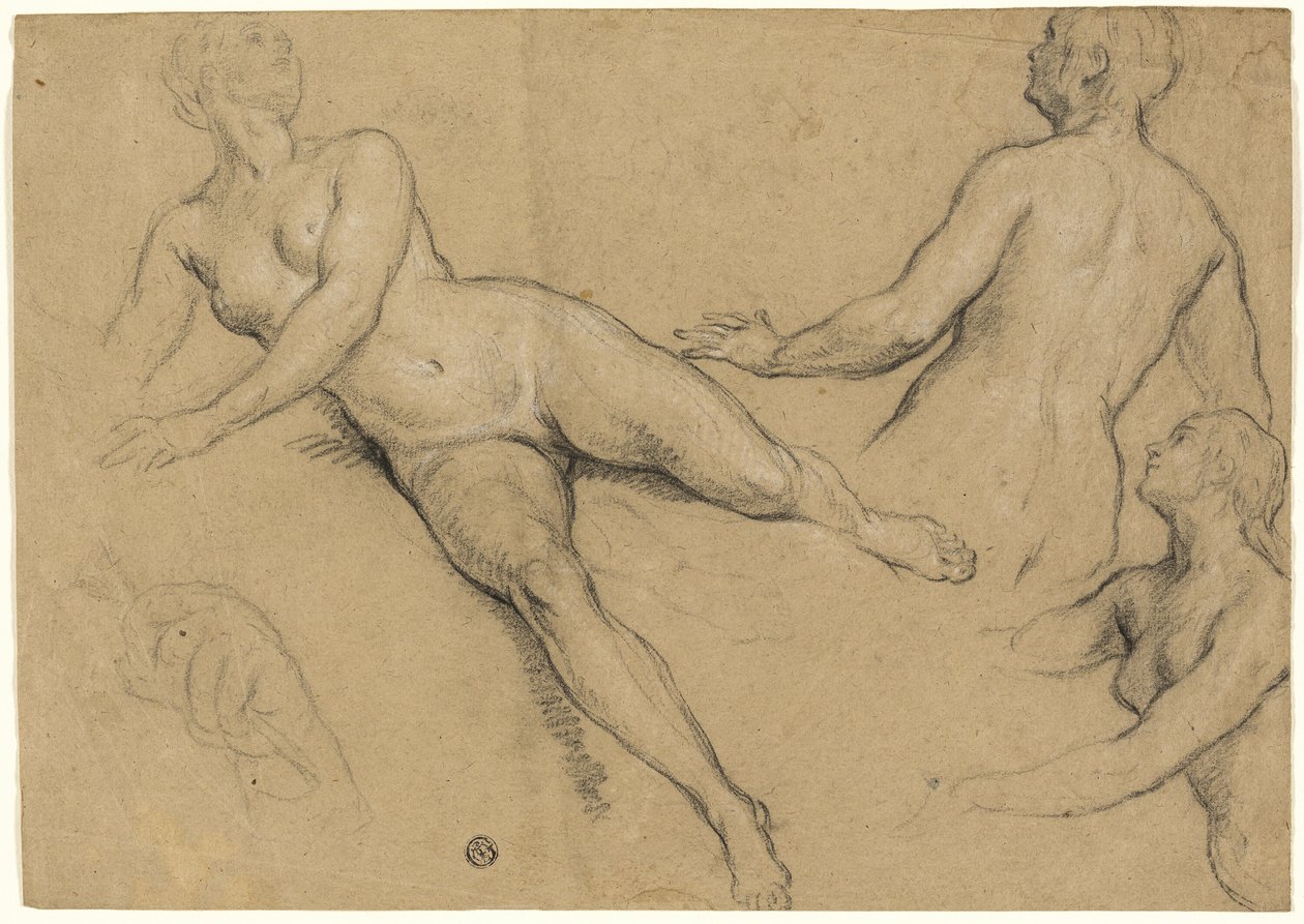 Blad met studies: Drie vrouwen en een hand (recto); Schetsen van mannelijke naakten, hoofden en handen (verso) door Francois Marot
