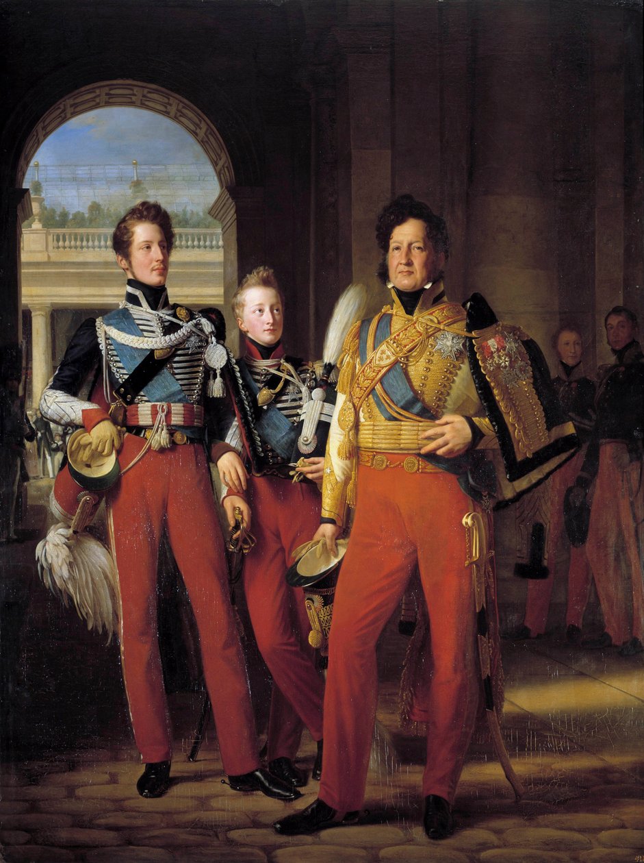 Portretten van Louis-Philippe I (1773-1850), hertog van Orléans in uniform als kolonel-generaal van de Huzaren, en zijn zonen: de hertog van Chartres en de hertog van Nemours door Baron François Pascal Simon Gérard