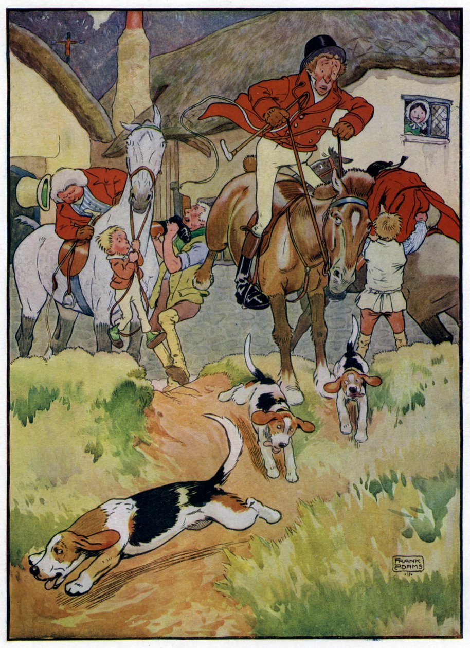 Drie vrolijke jagers (kleurenlitho) door Frank Adams