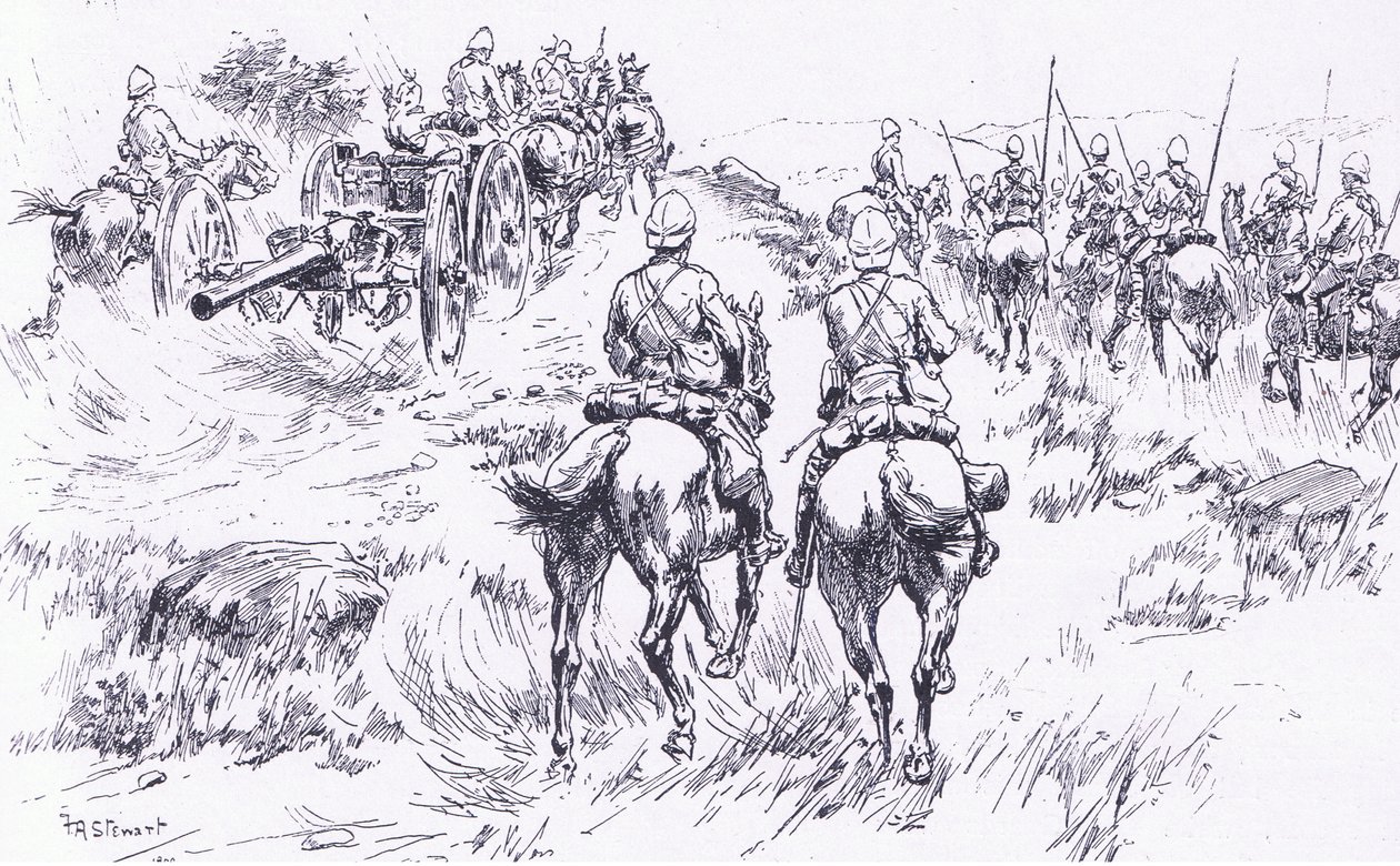 De cavalerie en artillerie van Buller rukken op naar Bergendal, illustratie uit Na Pretoria: De Guerrillaoorlog, 1902 door Frank Algenon Stewart