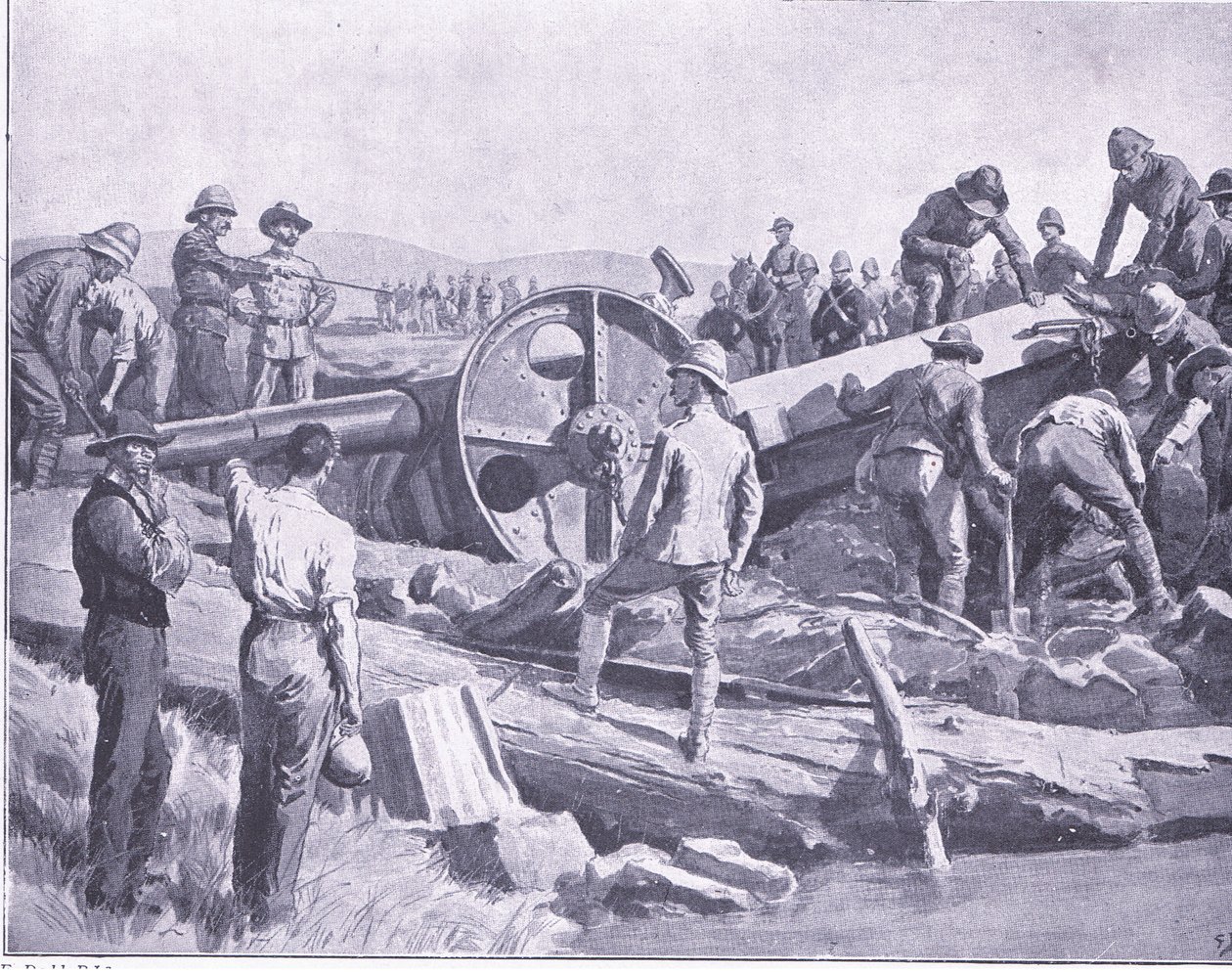 Een kanon over een nare plek krijgen, illustratie uit Na Pretoria: De Guerrillaoorlog, 1902 door Frank Dadd