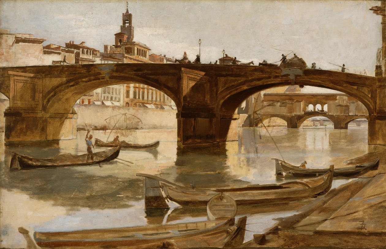 De bruggen: Florence, ca. 1880 (olieverf op doek op gelamineerd karton) door Frank Duveneck