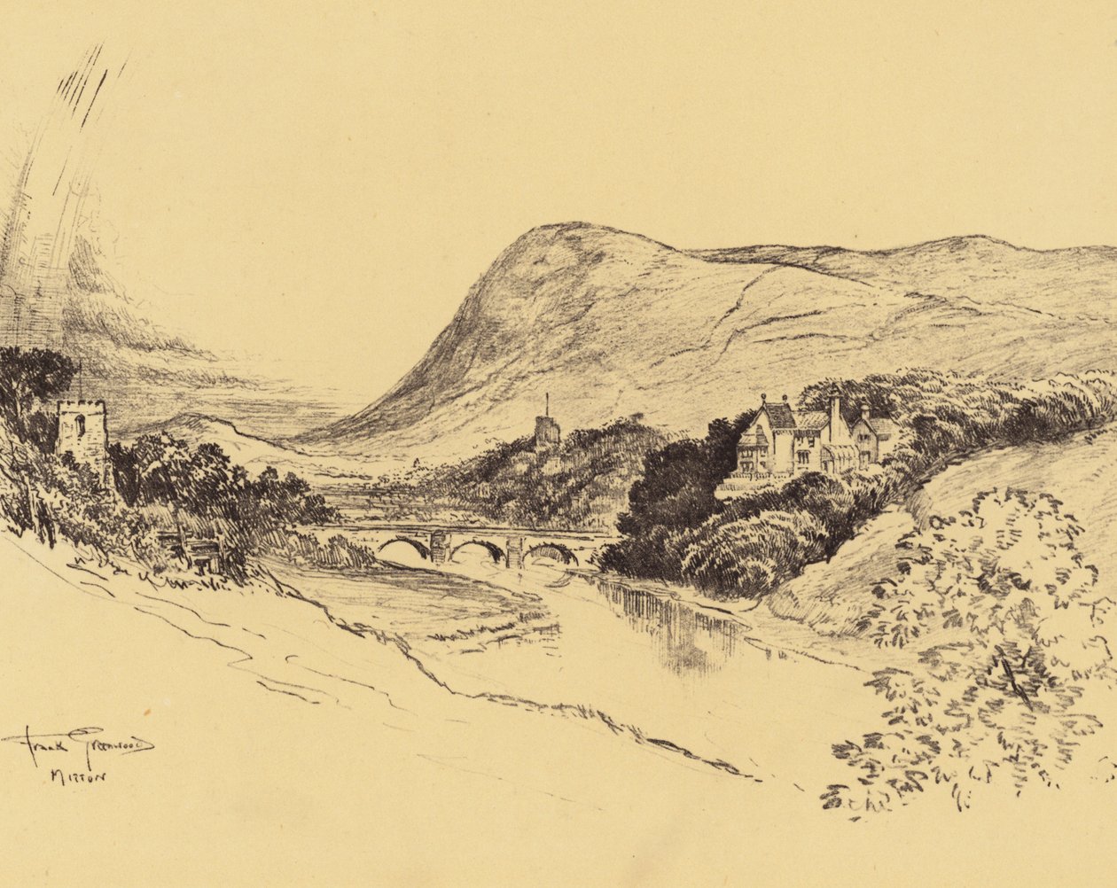Ribblesdale en Pendle Hill (litho) door Frank Greenwood