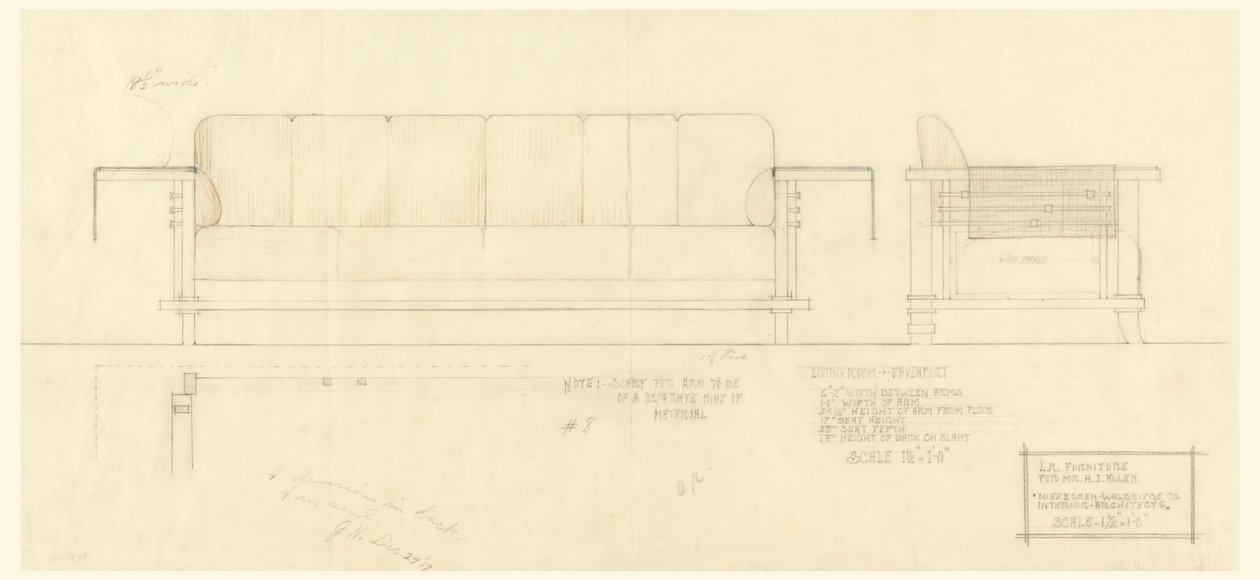 Woonkamer Davenport, Henry J. Allen Residence, Wichita, Kansas door Frank Lloyd Wright