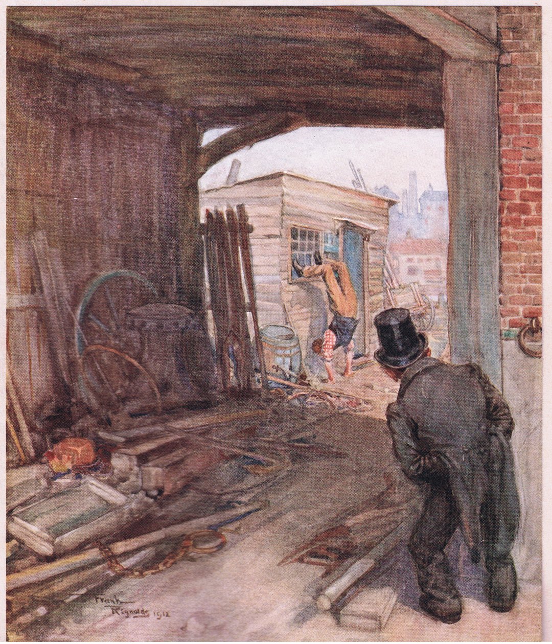 Aangekomen op zijn bestemming, het eerste object dat hij zag was een paar zeer onvolledig geschoeide voeten in de lucht, ca. 1920 door Frank Reynolds