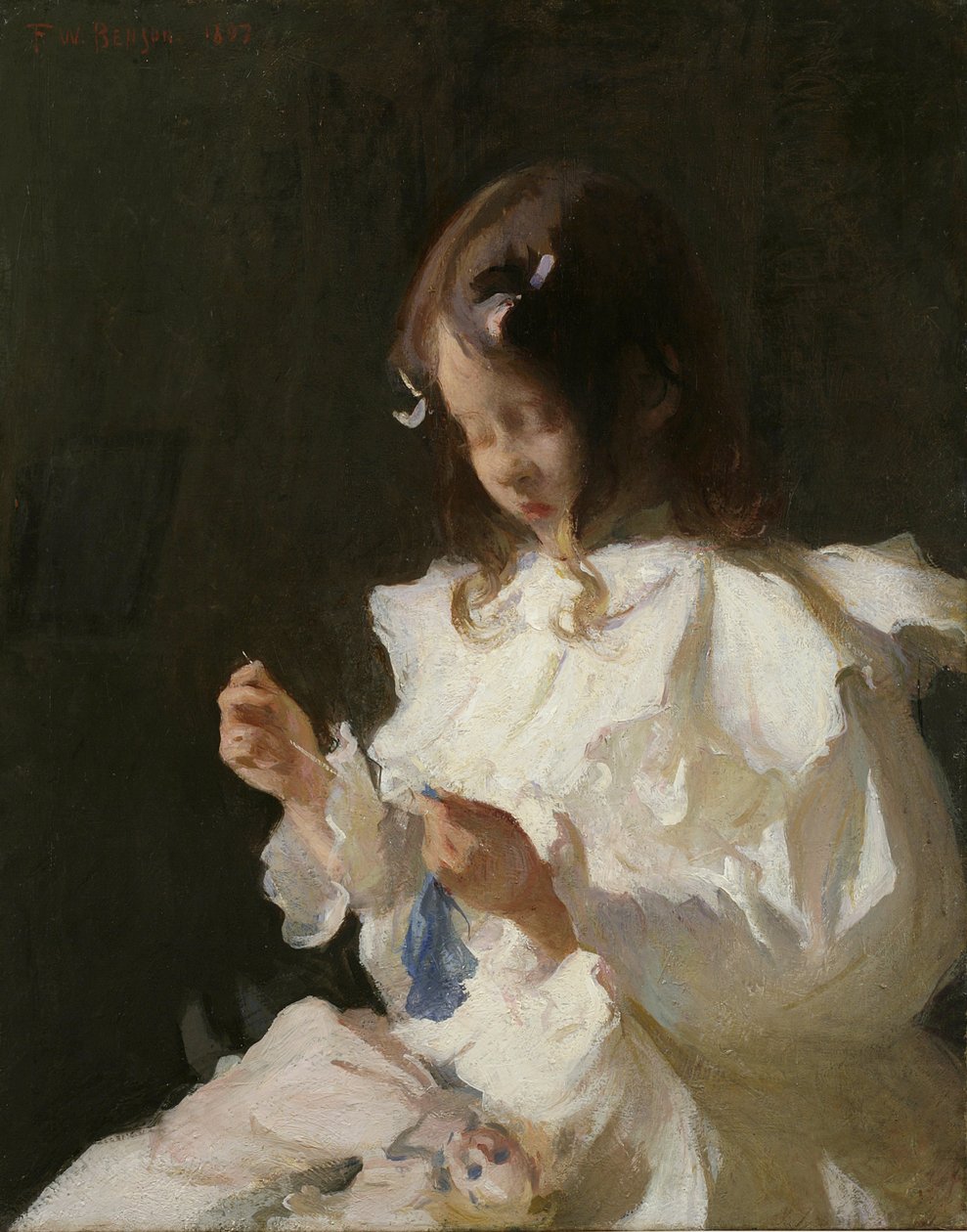 Portret van een kind dat naait door Frank Weston Benson