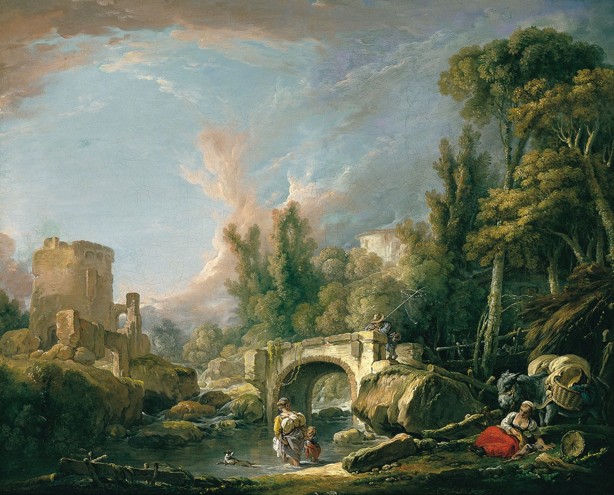Rivierlandschap met ruïne en brug door François Boucher