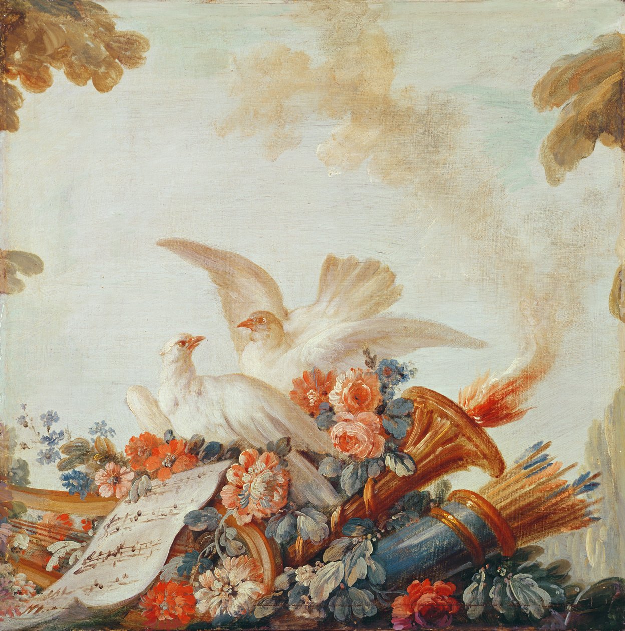 Salon van de prentmaker Gilles Demarteau, boven de deur: duiven en bladmuziek door François Boucher
