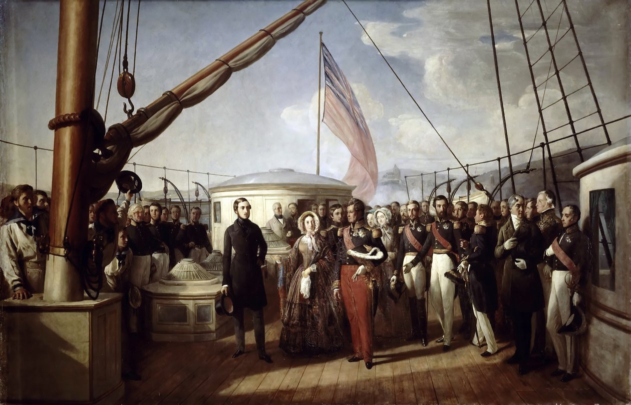 Koningin Victoria ontving koning Louis Philippe I aan boord van het koninklijke jacht door François Auguste Biard