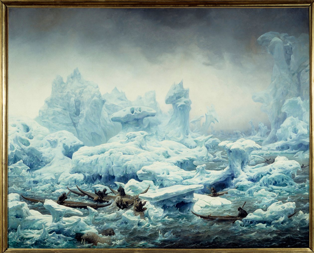 Uitzicht op de ijzige oceaan, walrusjacht door de Groenlanders door François Auguste Biard