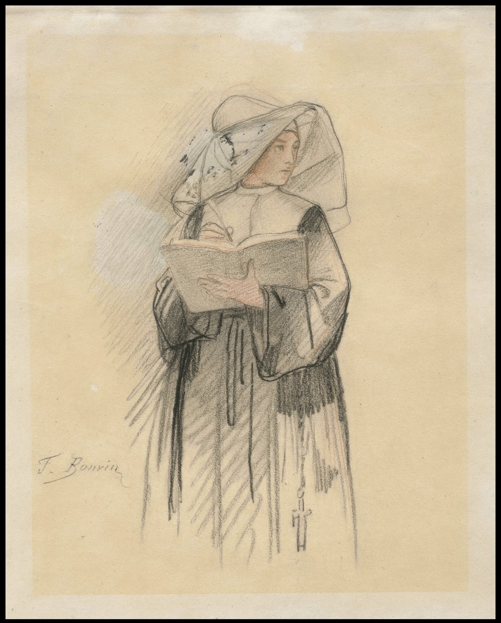 Een non met een boek en pen, 1827-87 door François Bonvin
