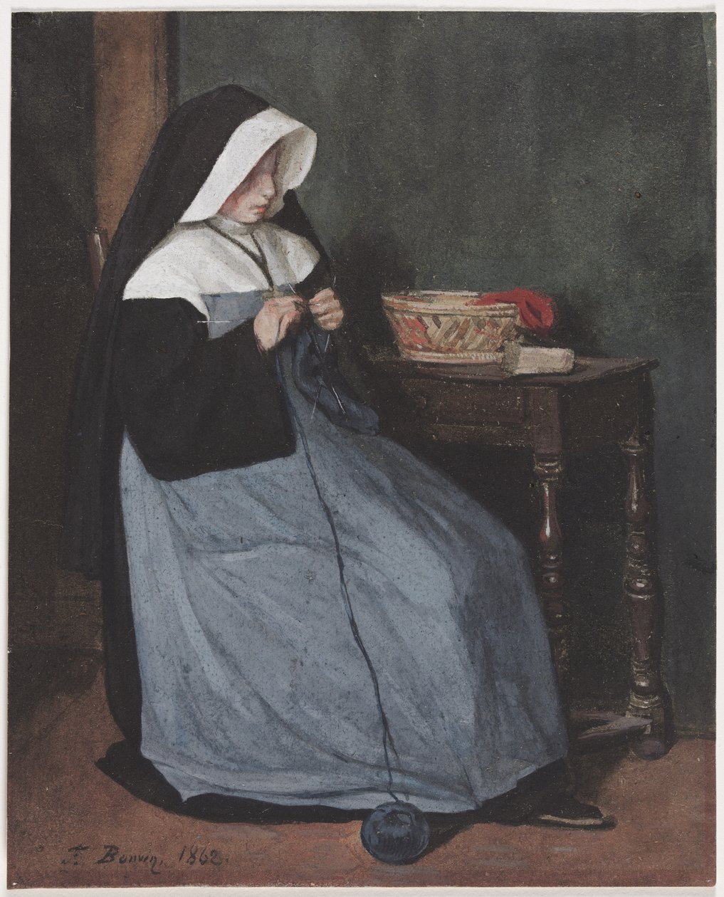 Een non zittend aan een tafel breiend, 1862 door François Bonvin