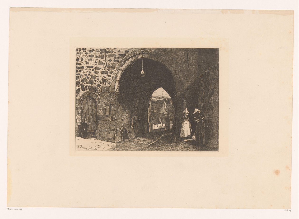 Gezicht op de Porte de St. Malo te Dinan (Dix Eaux-fortes, getekend en gegraveerd door F. Bonvin, Schilder) door François Bonvin