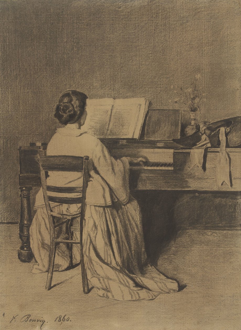 Vrouw aan de piano, op de rug gezien door François Bonvin