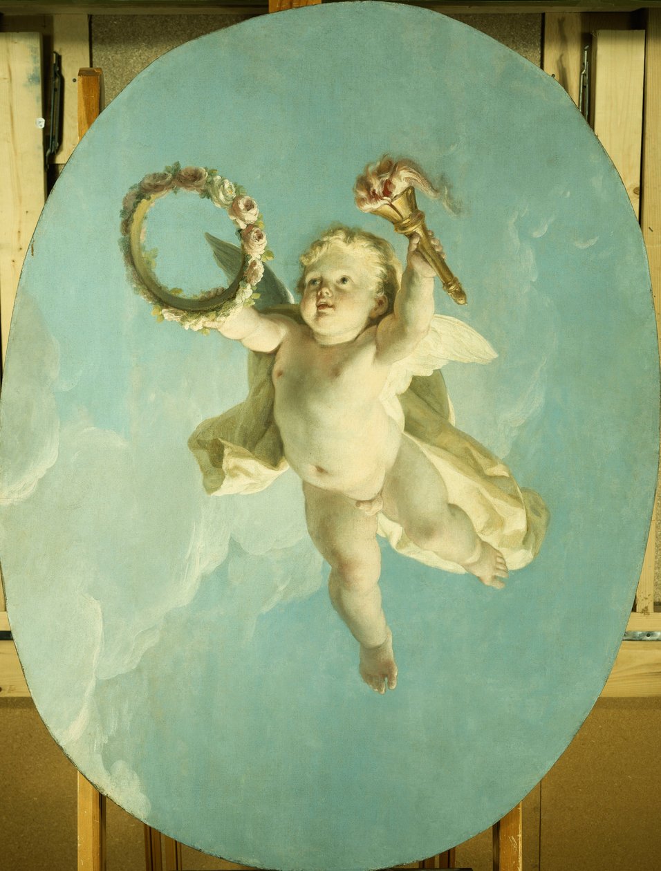 Een putto in vlucht met een krans en een fakkel door François Boucher