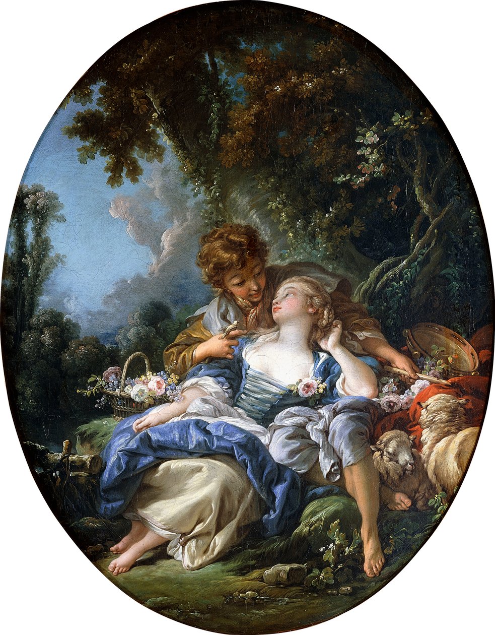 Een herder en een herderin in een bosrijk landschap door François Boucher