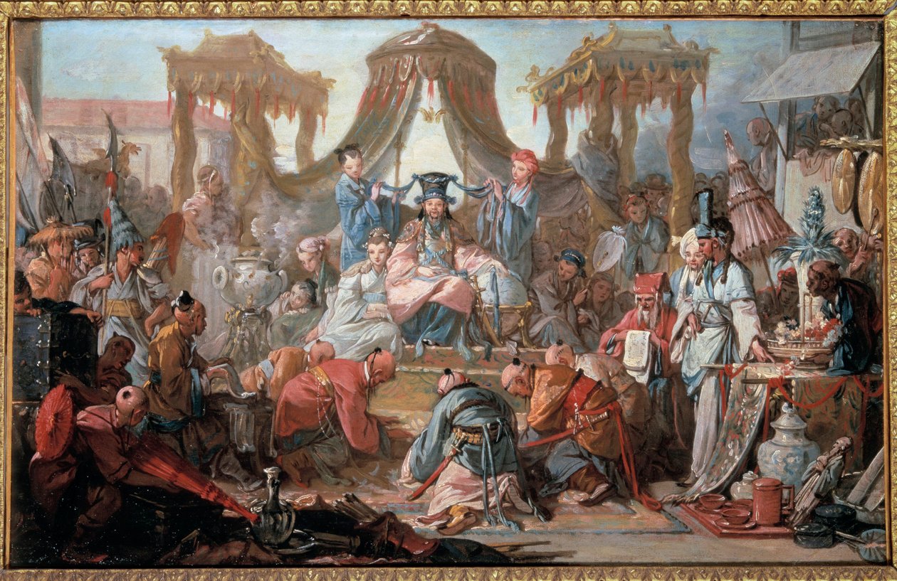 Audiëntie van de keizer van China De onderdanen buigen voor de keizer. Schilderij door François Boucher door François Boucher