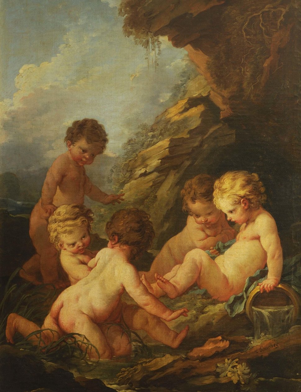 Boucher - Vijf naakte kinderen spelend bij een rotsachtige poel, 1730-1735 door François Boucher