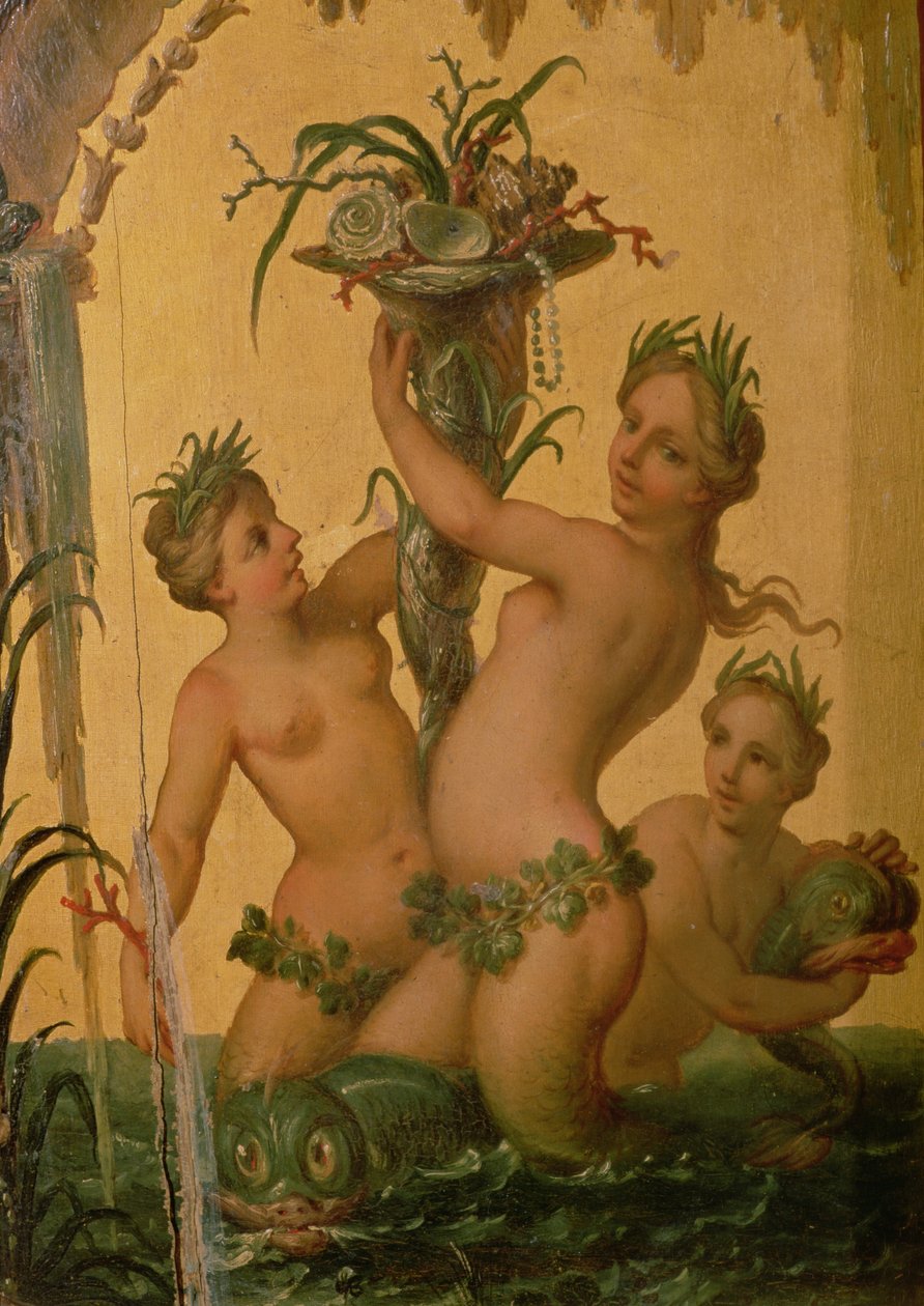 Detail van sirenen met een hoorn des overvloeds van de staatskoets van Peter de Grote, ca. 1724 door François Boucher