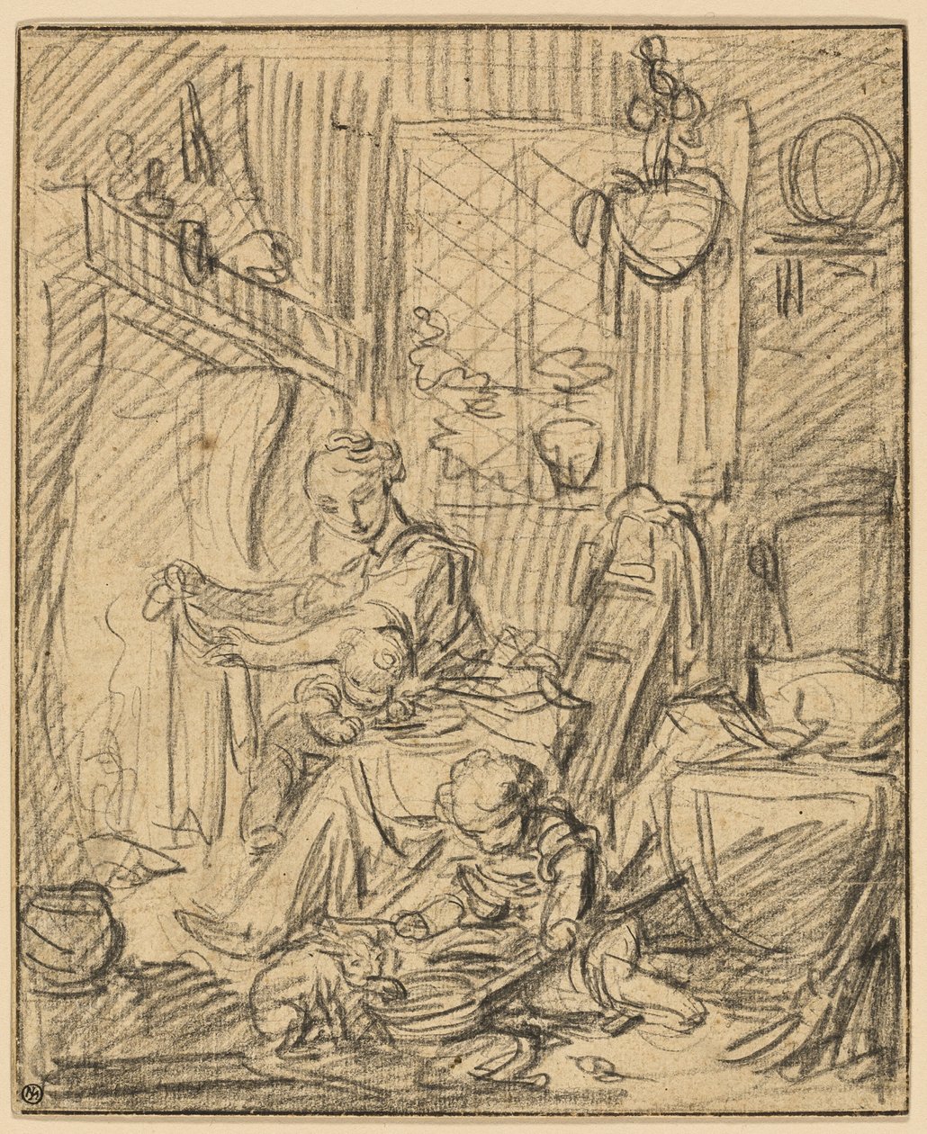 Huiselijke Scene: Moeder met Twee Kleine Kinderen voor een Schouw door François Boucher