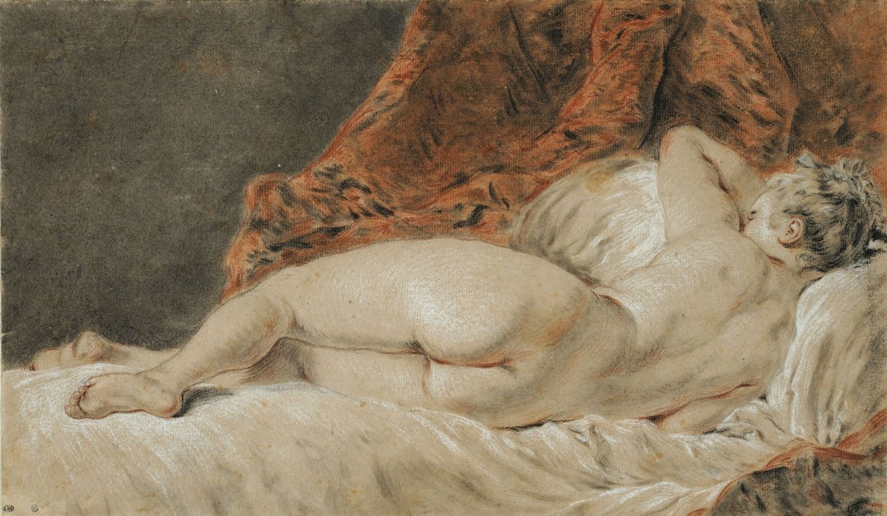 Liggende Vrouw gezien van Achteren, genaamd de Slaap door François Boucher