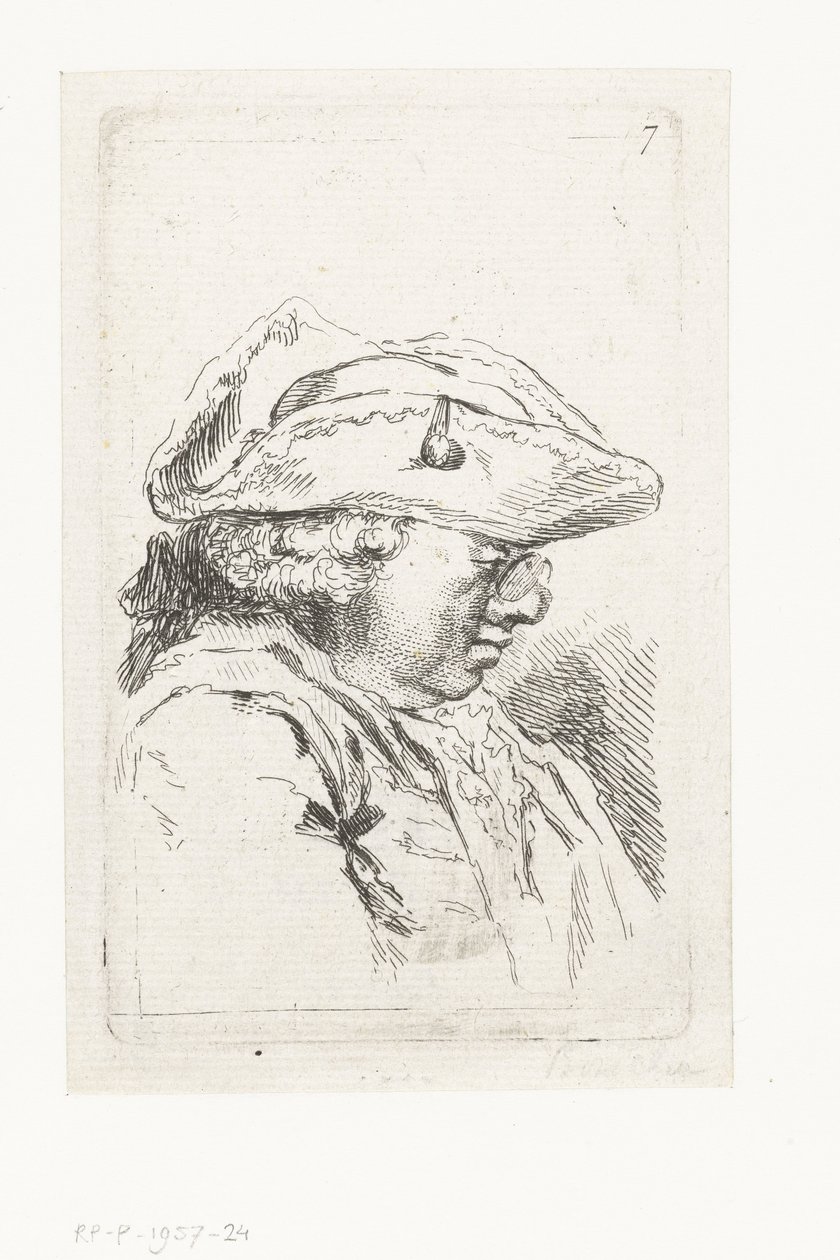 Hoofd van een man met bril en tricorne door François Boucher