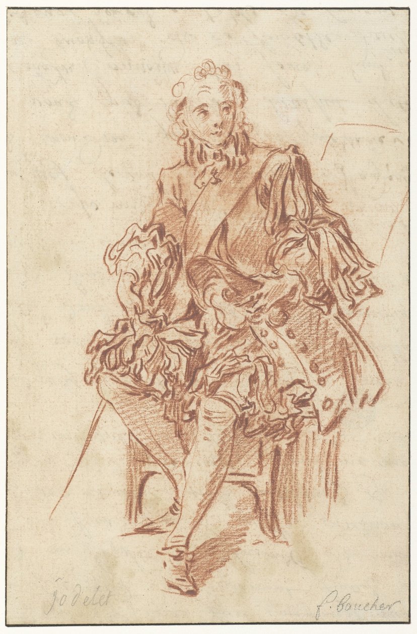 Jodelet zittend op een stoel (Illustratie van Les Précieuses Ridicules uit de 1734 editie van Molière