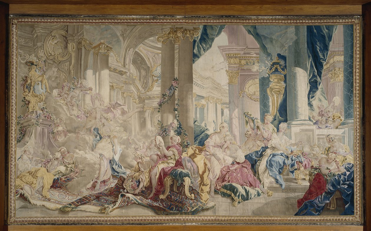 Manufacture de Beauvais - Psyche geleid door Zephyr in het paleis van de Liefde en Psyche die haar rijkdom toont aan haar zussen, Na 1741 door François Boucher
