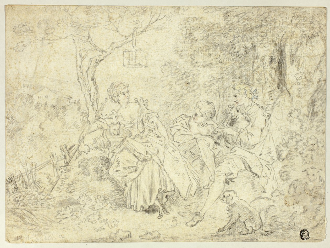 Herderinnen en jonge man die doedelzak speelt door François Boucher