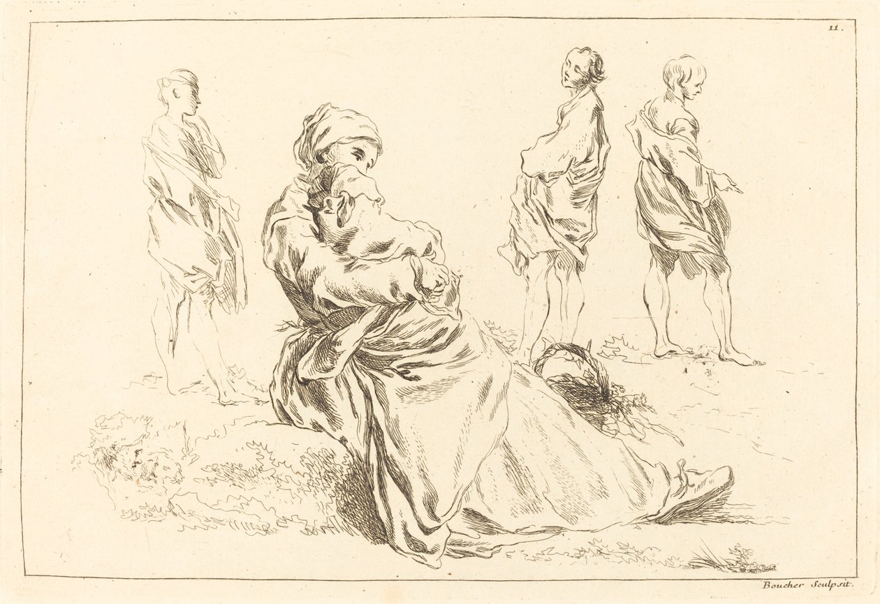 Figurenstudies inclusief Zittende Moeder en Kind door François Boucher after Abraham Bloemaert