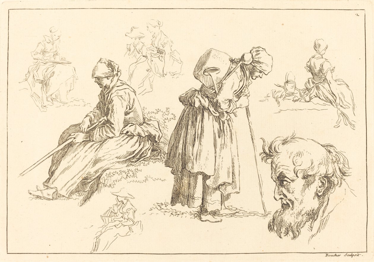 Figurenstudies inclusief vrouw met een ketel door François Boucher after Abraham Bloemaert