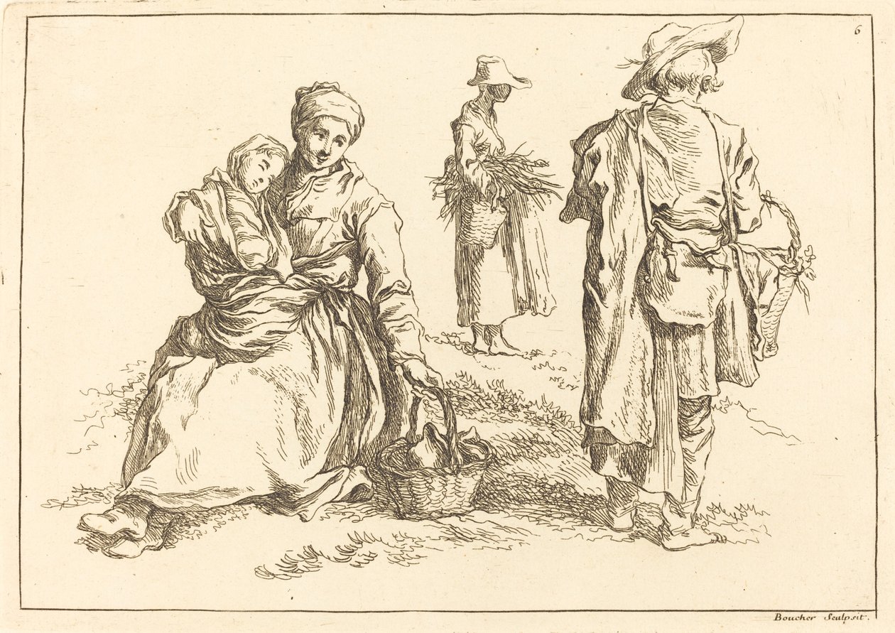 Zittende moeder en kind, twee staande boeren door François Boucher after Abraham Bloemaert