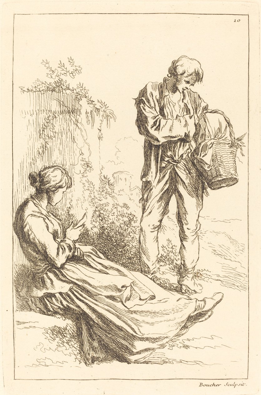 Zittende Vrouw met Boerjongen die een Mand Vasthoudt door François Boucher after Abraham Bloemaert