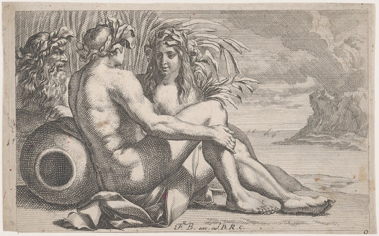 Riviergoden rustend voor een zeelandschap, 1651-82 door François Bourlier