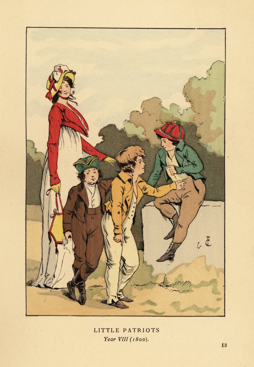 Jongens in jasjes en kniebroeken met Merveilleuse in Romeinse gewaad met muts en spencerjas. Kleine Patriotten, Jaar VIII door François Courboin