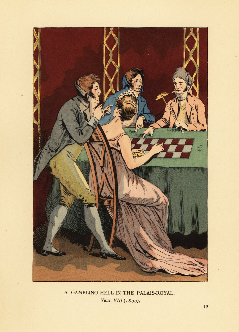 Modieuze Incroyables in hoogkraagjassen aan een goktafel met jonge vrouw en croupier. Een gokhel in het Palais Royal, Jaar VIII door François Courboin