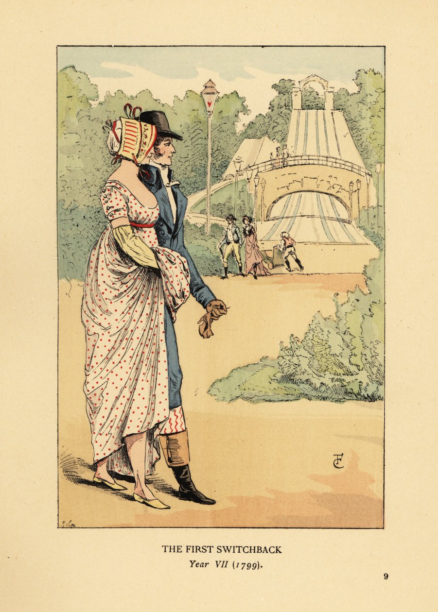 Modieus koppel bij de Russische Bergen achtbaan, Les Montagnes Russes à Belleville, gebouwd in 1812 door François Courboin