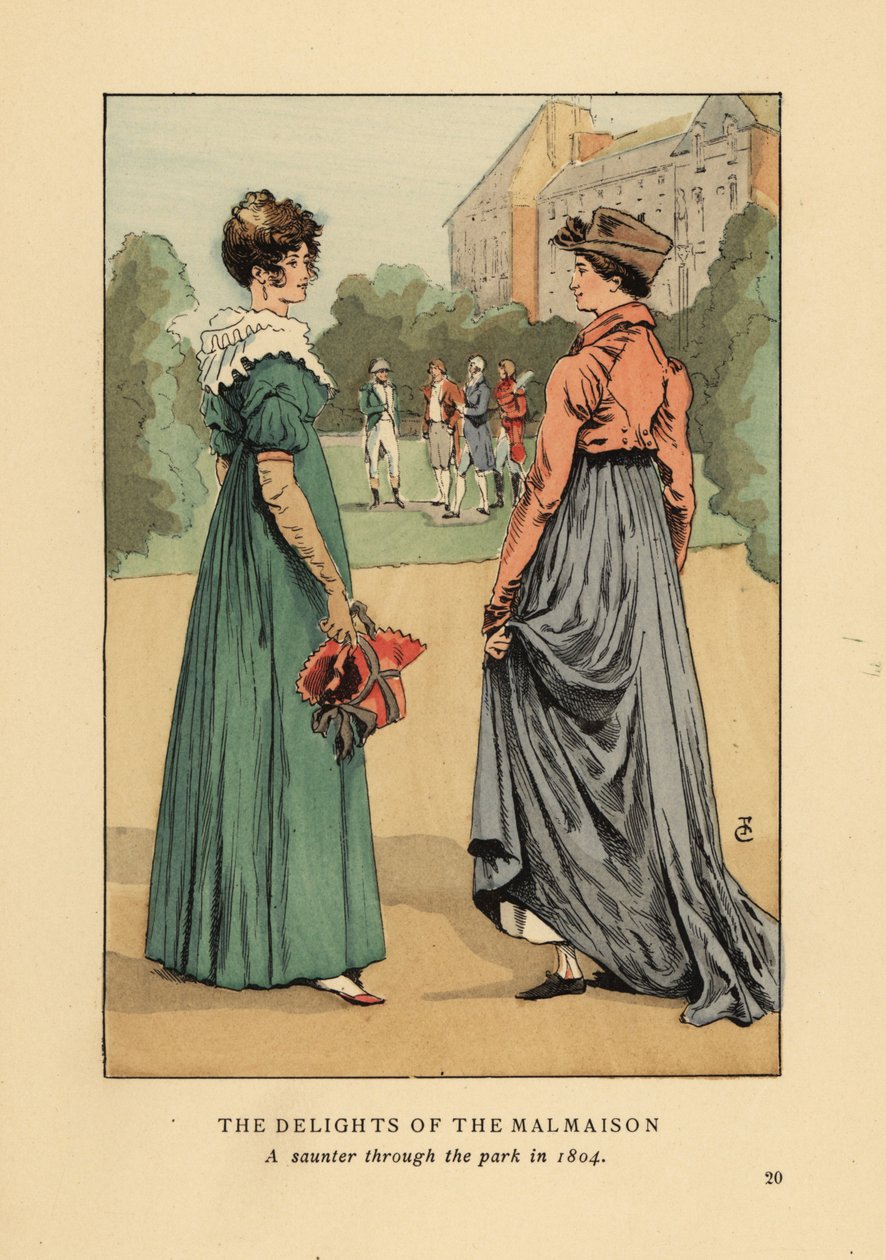 Modieuze vrouwen genieten van de geneugten van Chateau de Malmaison. Een wandeling door het park in 1804. Handgekleurde lithografie door R.V. naar een illustratie van Francois Courboin uit Octave Uzanne