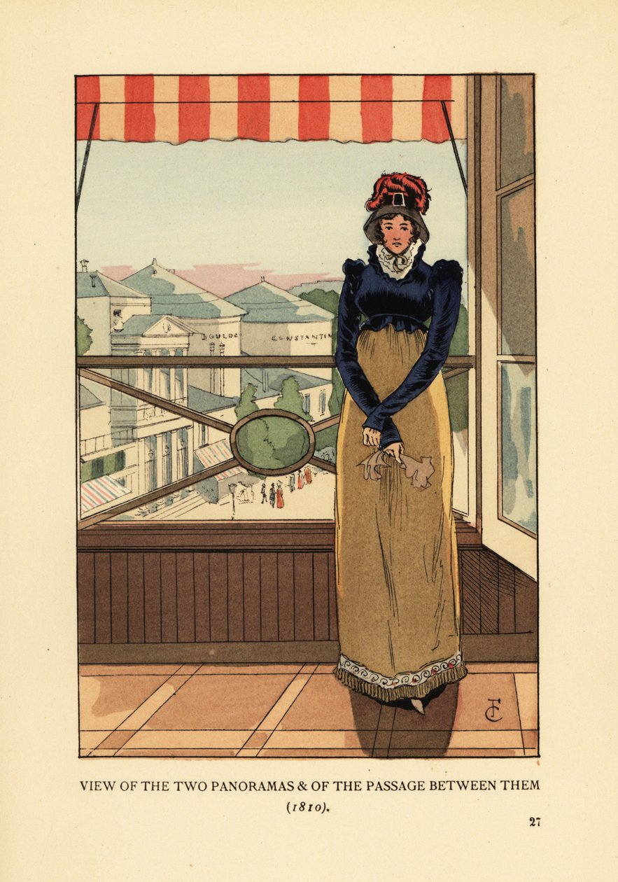 Vrouw bij raam met uitzicht op de Panoramas en de Passage des Panoramas, op Boulevard Montmartre, Parijs door François Courboin