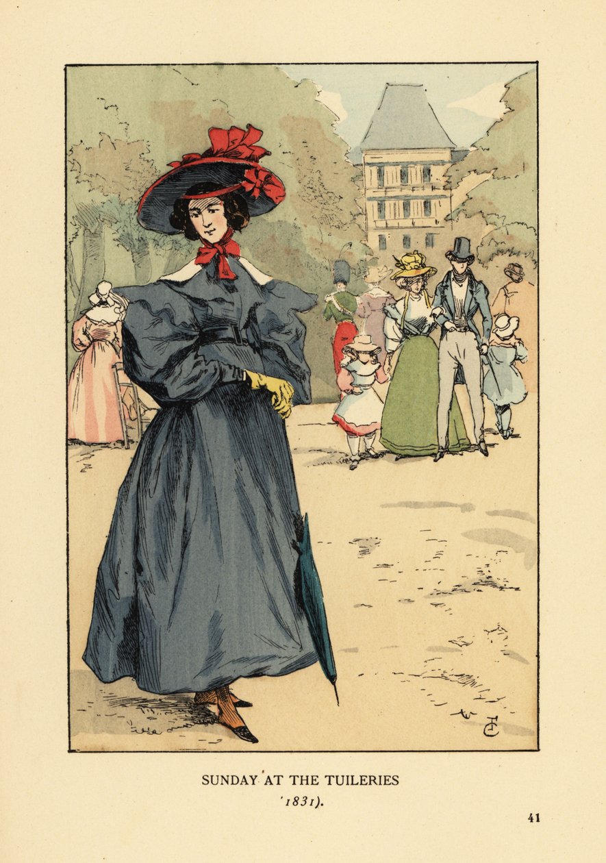 Vrouw flaneert in zondagse kleding in het park. Ze draagt een breedgerande hoed, jurk met volle mouwen, enkel laarzen en draagt een parasol. Zondag in de Tuilerieën Tuin door François Courboin